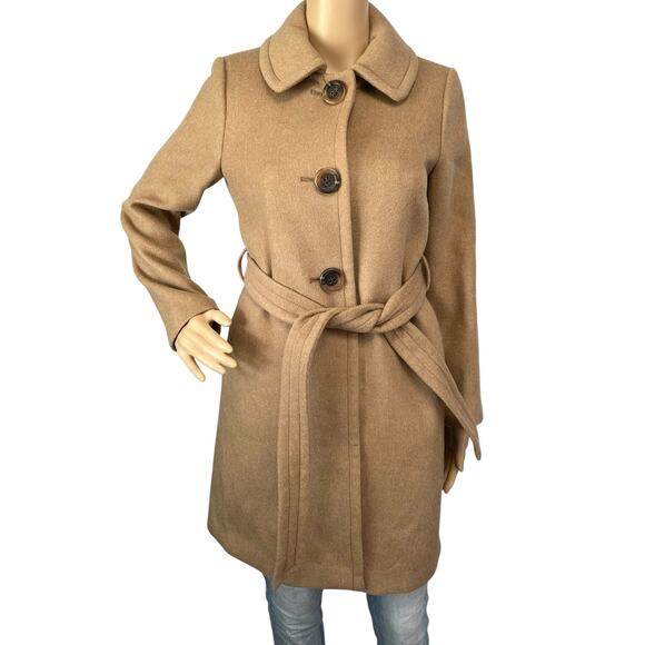 J. Crew Wool Cashmere Belted Coat Tan Camel Overcoat Trench 99252 Petite Size 2P - Picture 1 of 11